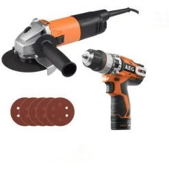 Pack AEG Meuleuse électrique 800W - WS8-125SK - Kit 5 Disques Abrasifs - Perceuse à Percussion AEG 12V Li-ion